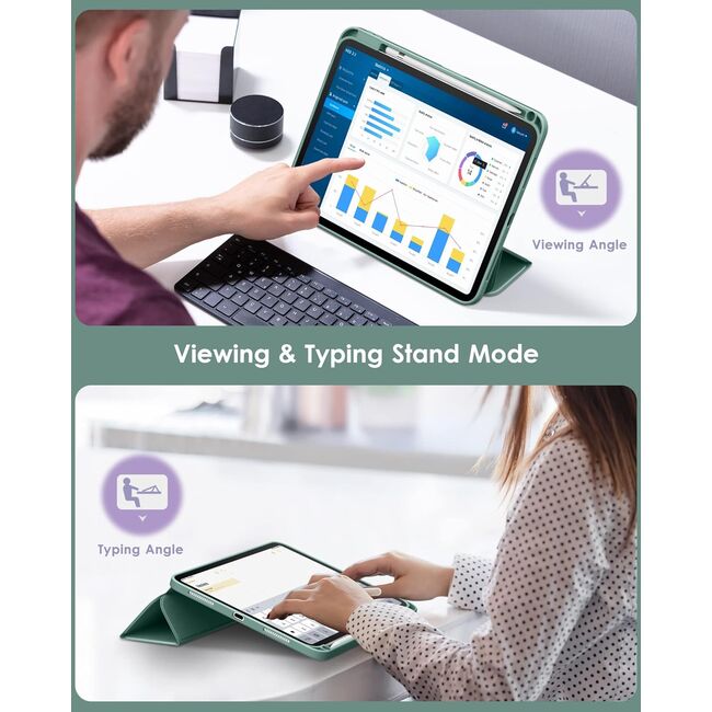 Husa pentru iPad 11 2025, iPad 10 2022 10.9 inch Soft Shell cu functie wake-up/sleep si compartiment pentru Apple Pen, tip stand, verde inchis
