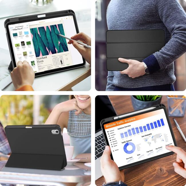 Husa pentru iPad 11 2025, ​iPad 10 2022 Soft Shell cu functie wake-up/sleep si compartiment pentru Apple Pen, tip stand, negru