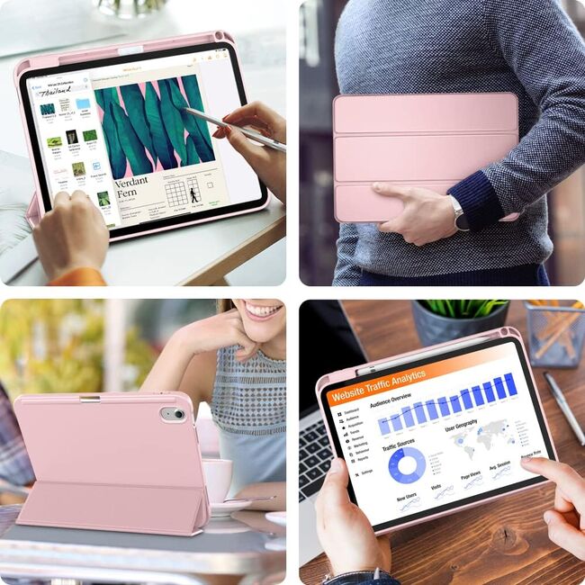 Husa pentru iPad 11 2025, iPad 10 2022 Soft Shell cu functie wake-up/sleep si compartiment pentru Apple Pen, tip stand, roz