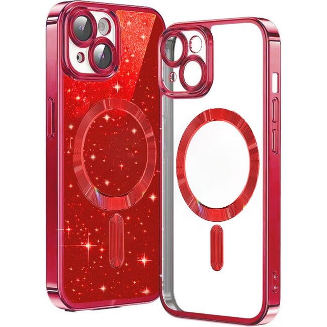 Husa pentru iPhone 15 Plus cu MagSafe Sparkle Glare Detachable Layer, cu protectie lentile - rosu