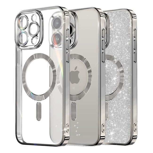Husa pentru iPhone 15 Pro Max cu MagSafe Sparkle Glare Detachable Layer, cu protectie lentile - silver