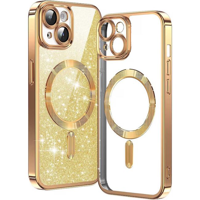 Husa pentru iPhone 14 Plus cu MagSafe Sparkle Glare Detachable Layer, cu protectie lentile - gold