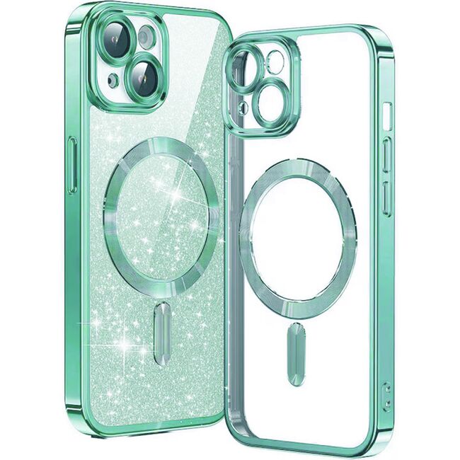 Husa pentru iPhone 14 Plus cu MagSafe Sparkle Glare Detachable Layer, cu protectie lentile - light green