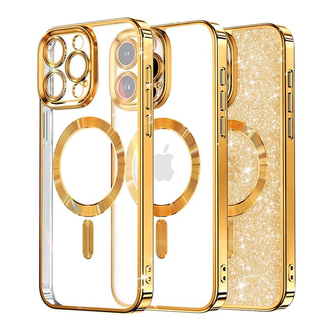 Husa pentru iPhone 14 Pro cu MagSafe Sparkle Glare Detachable Layer, cu protectie lentile - gold