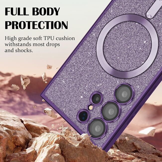 Husa pentru Samsung Galaxy S24 Ultra cu MagSafe Sparkle Glare Detachable Layer, cu protectie lentile - deep purple