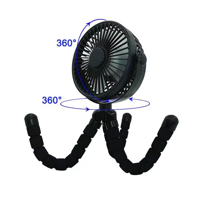 Ventilator portabil cu tripod flexibil octopus, reglabil 360 grade, 3 viteze, diametru 11 cm, reincarcabil, alb