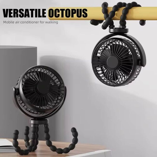 Ventilator portabil cu tripod flexibil octopus, reglabil 360 grade, 3 viteze, diametru 11 cm, reincarcabil, negru