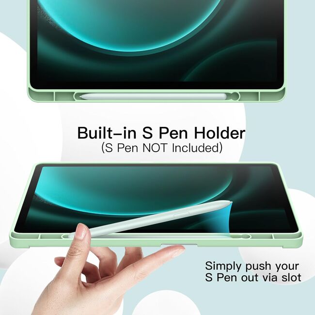 Husa pentru Samsung Galaxy Tab S9, S9 FE , S10 FE Soft Shell UltraSlim tip stand, functie sleep/wake-up si slot pentru S-Pen, verde deschis