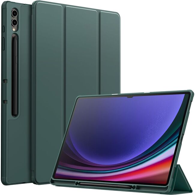 Husa pentru Samsung Galaxy Tab S10 Ultra / S9 Ultra 14.6 inch Soft Shell UltraSlim tip stand, functie sleep/wake-up si slot pentru S-Pen, verde inchis