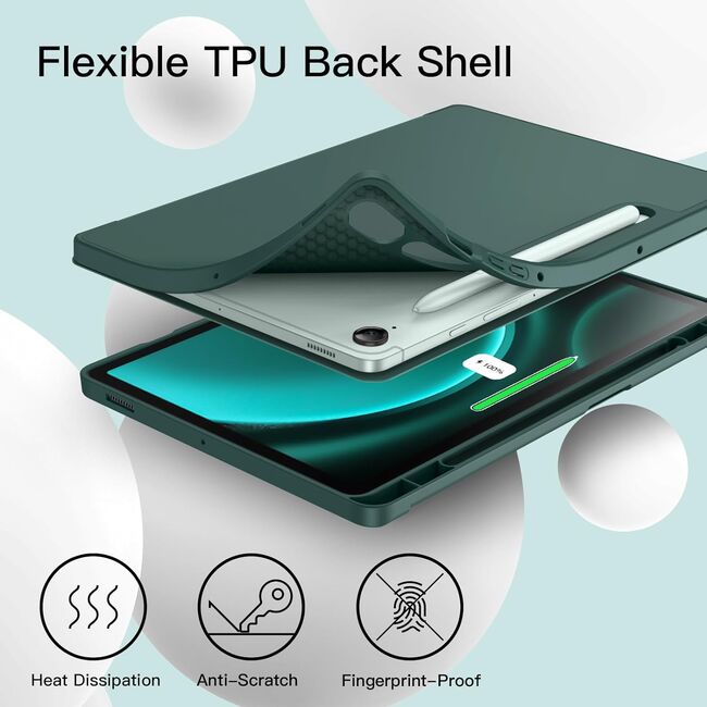 Husa pentru Samsung Galaxy Tab S9, S9 FE, S10 FE Soft Shell UltraSlim tip stand, functie sleep/wake-up si slot pentru S-Pen, verde inchis