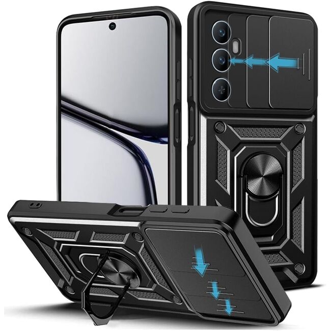 Husa pentru Realme C65 Ring Armor Kickstand Tough Rugged Cover cu protectie camera, negru
