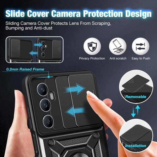 Husa pentru Realme C65 Ring Armor Kickstand Tough Rugged Cover cu protectie camera, negru