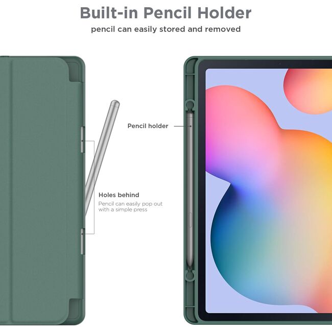 Husa pentru Samsung Galaxy Tab S6 Lite 10.4 inch 2024 / 2022 / 2020 Soft Shell cu functie wake-up/sleep si compartiment pentru S-Pen, tip stand, verde inchis