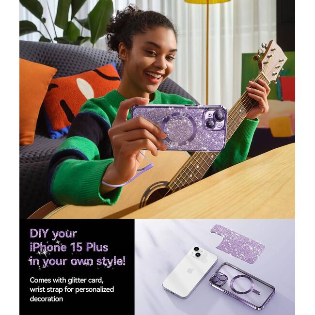 Husa pentru iPhone 15 cu MagSafe Sparkle Glare Detachable Layer, cu protectie lentile - mov