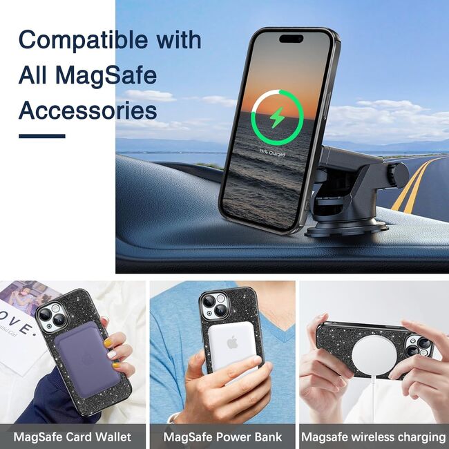 Husa pentru iPhone 15 cu MagSafe Sparkle Glare Detachable Layer, cu protectie lentile - negru