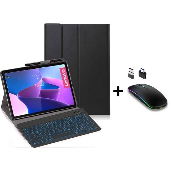 Husa cu tastatura iluminata pentru Lenovo Tab M10 3rd Gen 10.1 inch TB-328XU / FU si mouse wireless iluminat LED, negru