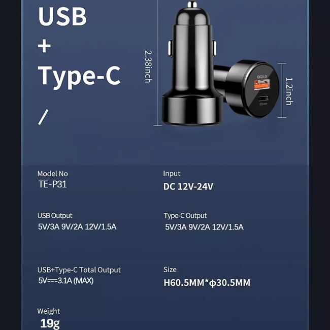 Incarcator auto, 38W Fast charge, 1 x USB Tip C PD 20W, 1 x USB 3.0 QC 3.0, universal, negru