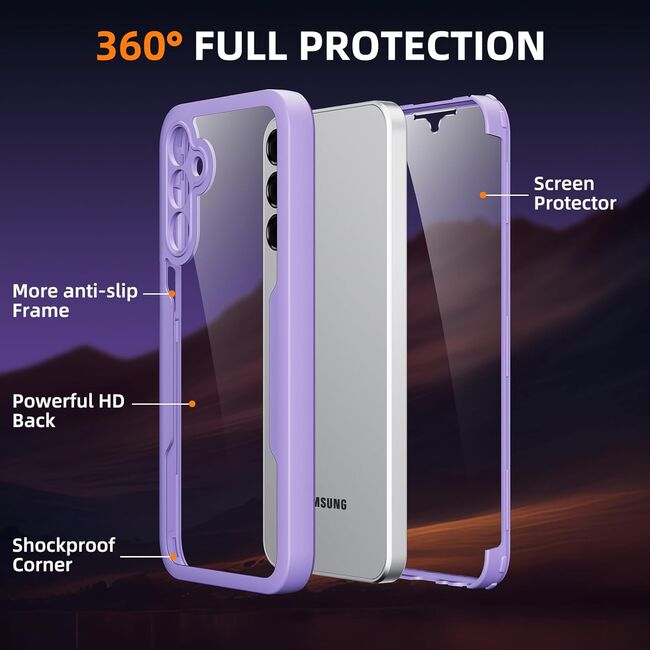 Pachet 360: Husa cu folie integrata pentru  Samsung Galaxy A15 Cover360 fata / spate - mov / transparent