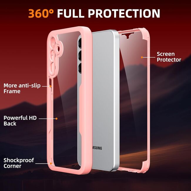 Pachet 360: Husa cu folie integrata pentru  Samsung Galaxy A15 Cover360 fata / spate - roz / transparent