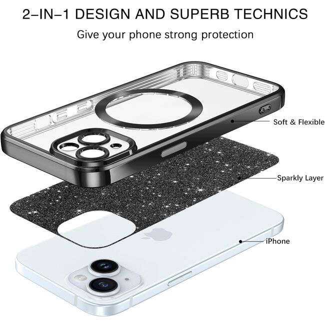 Husa pentru iPhone 13 cu MagSafe Sparkle Glare Detachable Layer, cu protectie lentile - negru / transparent