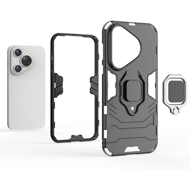 Husa pentru Huawei Pura 70 Pro cu inel Armor Kickstand Tough Rugged Cover, negru