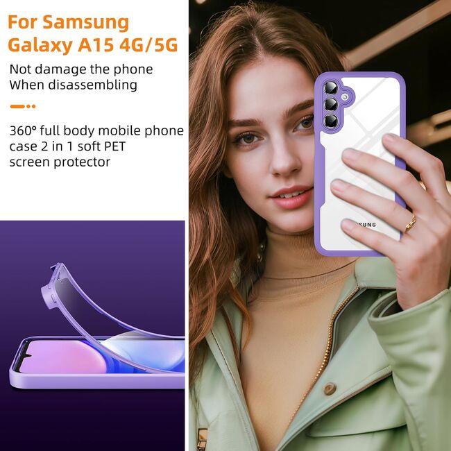 Pachet 360: Husa cu folie integrata pentru  Samsung Galaxy A15 Cover360 fata / spate - mov / transparent