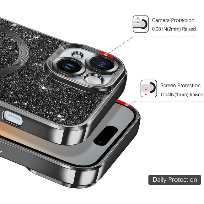 Husa pentru iPhone 13 cu MagSafe Sparkle Glare Detachable Layer, cu protectie lentile - negru / transparent