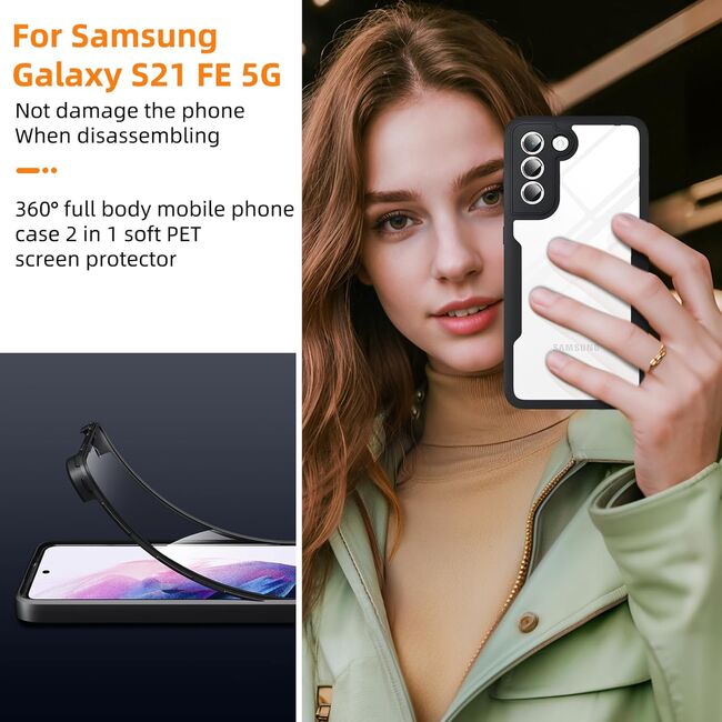 Pachet 360: Husa cu folie integrata pentru Samsung Galaxy S21 FE Cover360 fata / spate - negru