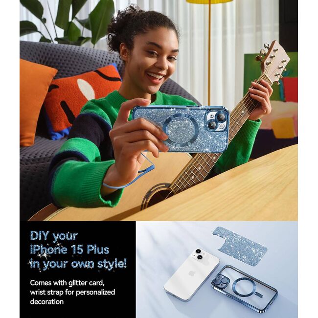 Husa pentru iPhone 13 cu MagSafe Sparkle Glare Detachable Layer, cu protectie lentile - albastru / transparent