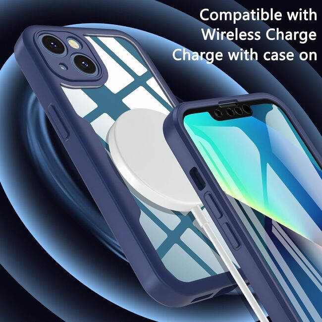 Pachet 360: Husa cu folie integrata pentru iPhone 14 Cover360 fata spate - albastru / transparent