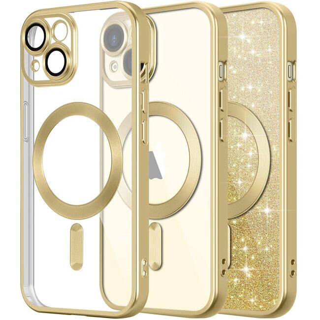 Husa pentru iPhone 14 cu MagSafe Sparkle Glare Detachable Layer, cu protectie lentile - gold / transparent