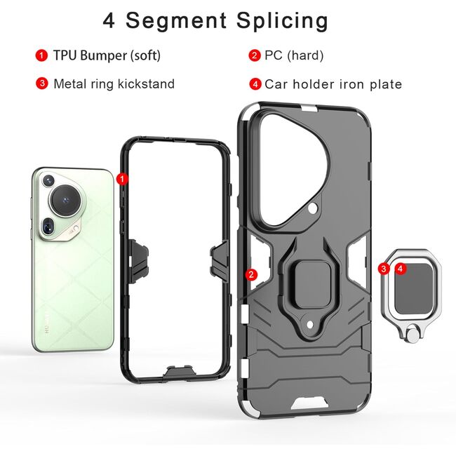 Husa pentru Huawei Pura 70 Ultra cu inel Armor Kickstand Tough Rugged Cover, negru