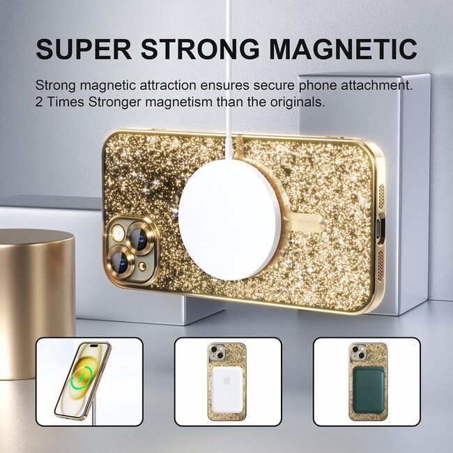 Husa pentru iPhone 13 cu MagSafe Sparkle Glare Detachable Layer, cu protectie lentile - gold / transparent