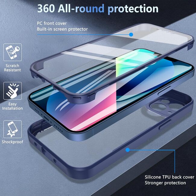 Pachet 360: Husa cu folie integrata pentru iPhone 13 Cover360 fata spate - albastru / transparent