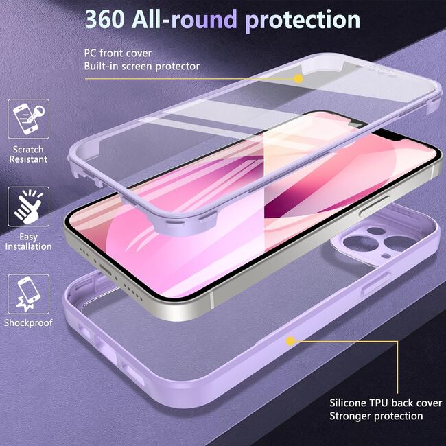 Pachet 360: Husa cu folie integrata pentru iPhone 14 Cover360 fata spate - mov / transparent