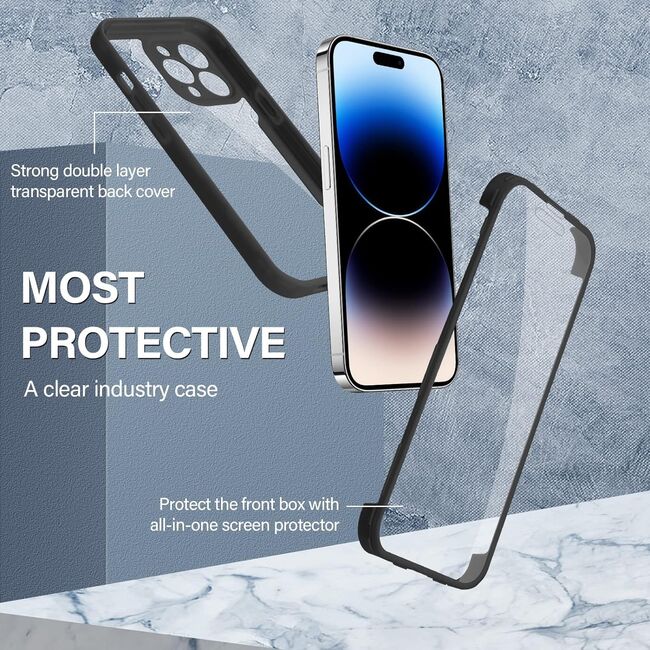 Pachet 360: Husa cu folie integrata pentru iPhone 12 Cover360 fata spate - negru / transparent