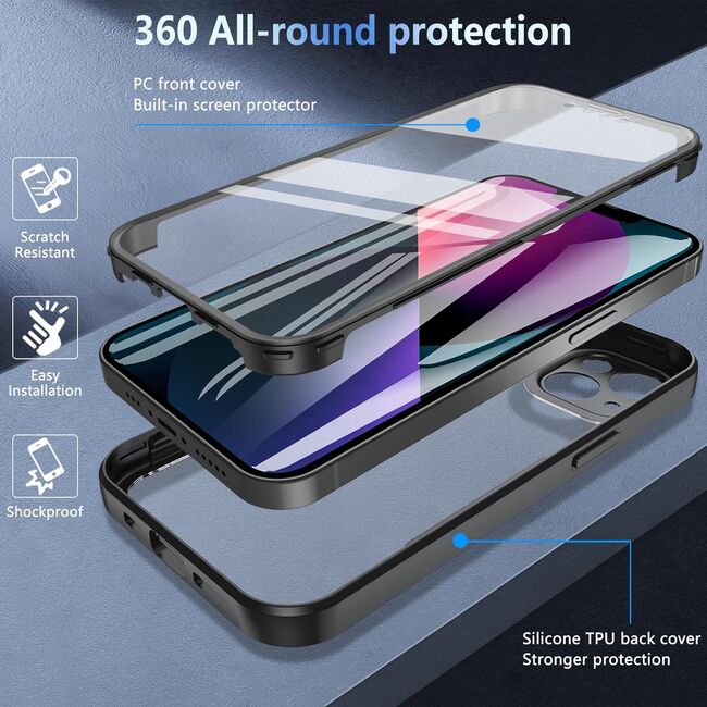 Pachet 360: Husa cu folie integrata pentru iPhone 13 Cover360 fata spate - negru / transparent
