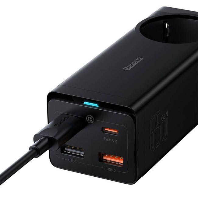 Prelungitor priza Shuko, incarcator GaN3 Pro 65W Baseus, negru
