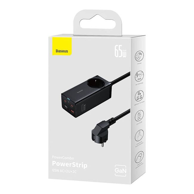 Prelungitor priza Shuko, incarcator GaN3 Pro 65W Baseus, negru