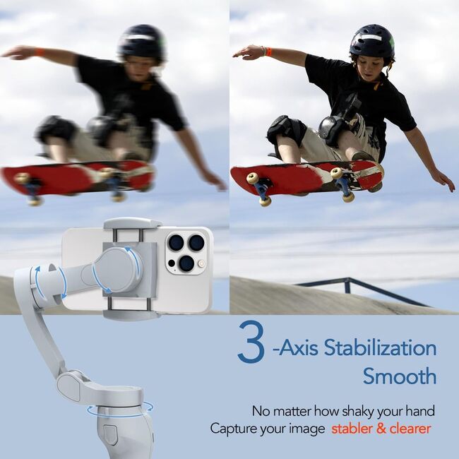 Stabilizator imagine pentru telefon cu trepied, Gimbal cu 3 axe, bluetooth, acumulator reincarcabil, Face Tracking, Time lapse, Inception Mode, alb