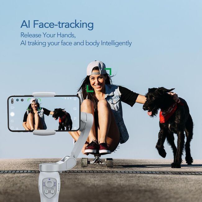 Stabilizator imagine pentru telefon cu trepied, Gimbal cu 3 axe, bluetooth, acumulator reincarcabil, Face Tracking, Time lapse, Inception Mode, alb