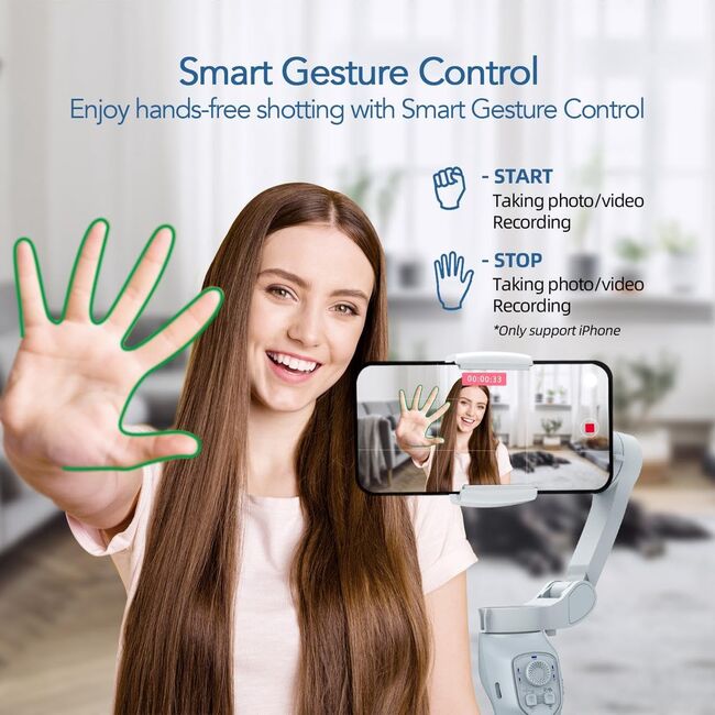 Stabilizator imagine pentru telefon cu trepied, Gimbal cu 3 axe, bluetooth, acumulator reincarcabil, Face Tracking, Time lapse, Inception Mode, alb