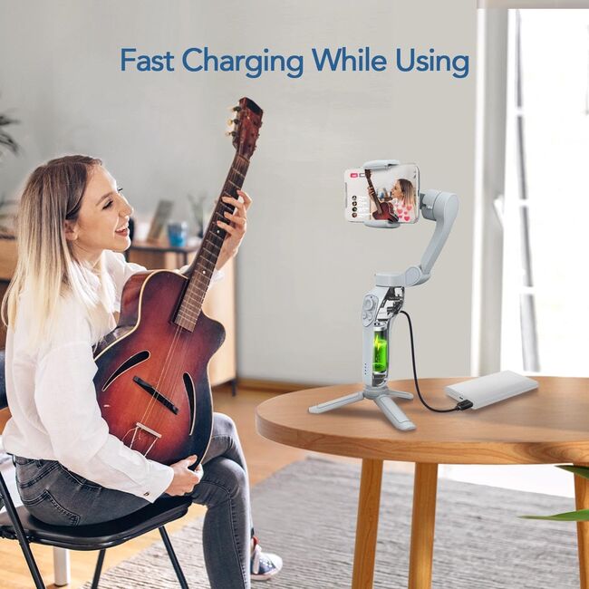 Stabilizator imagine pentru telefon cu trepied, Gimbal cu 3 axe, bluetooth, acumulator reincarcabil, Face Tracking, Time lapse, Inception Mode, alb