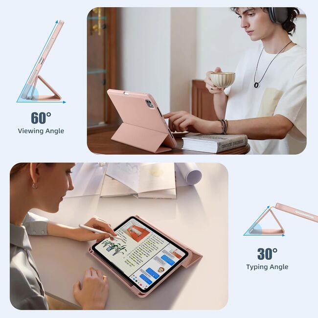 Husa pentru Apple iPad Pro 11" (2024) cu functie wake-up/sleep si compartiment pentru Apple Pen, tip stand, rose gold