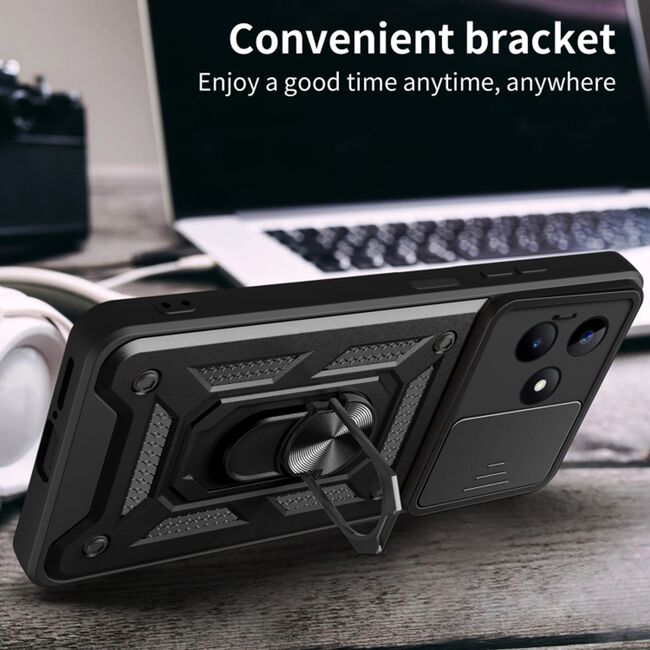 Husa pentru Realme Note 50 cu inel Ring Armor Kickstand Tough Rugged, negru