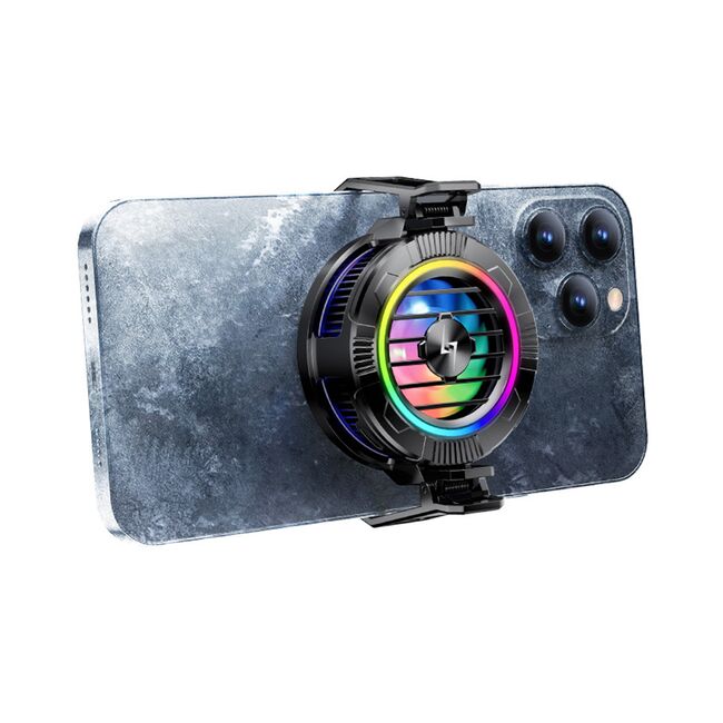 Cooler pentru racire telefon sau tableta, universal, Cooling Semiconductor Radiator Magnetic racire rapida si zgomot redus, Clips detasabil, iluminat RGB, USB-C, negru