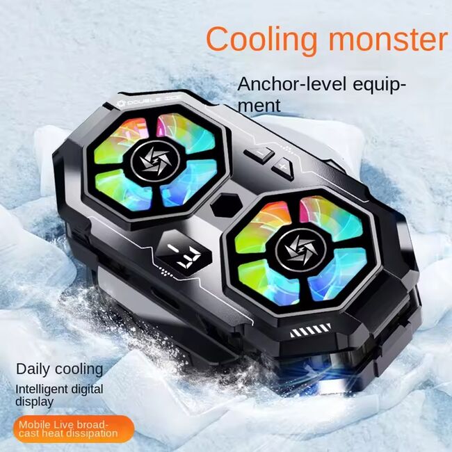 Cooler pentru racire telefon, universal, Display LED temperatura, Twin Turbine, racire rapida si zgomot redus, 3 viteze reblabile, iluminat RGB, USB-C, alb