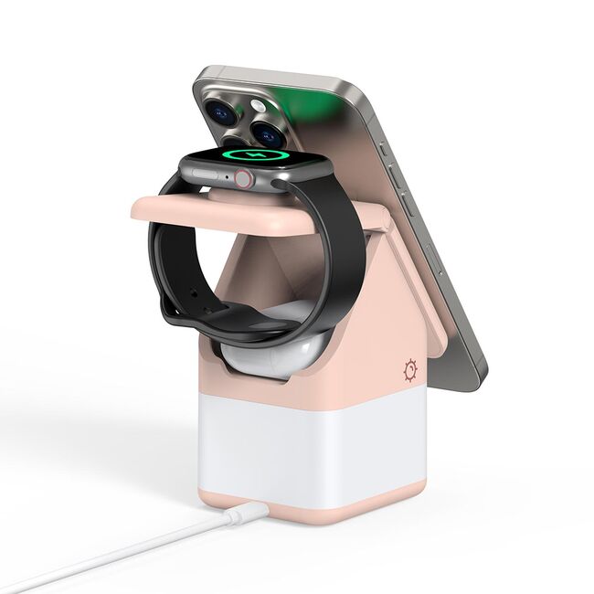 Statie incarcare 2 in 1 wireless pentru Apple Duzzona W20, 15W, roz