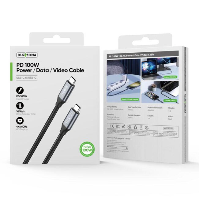Cablu de date USB-C la USB-C, 100W, 1m Duzzona A9, gri
