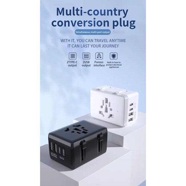 Adaptor incarcator universal priza de calatorie All in one WorldWide PD20W cu porturi de incarcare 2 x USB, 2 x Type-C EU, UK, AUS, US, negru